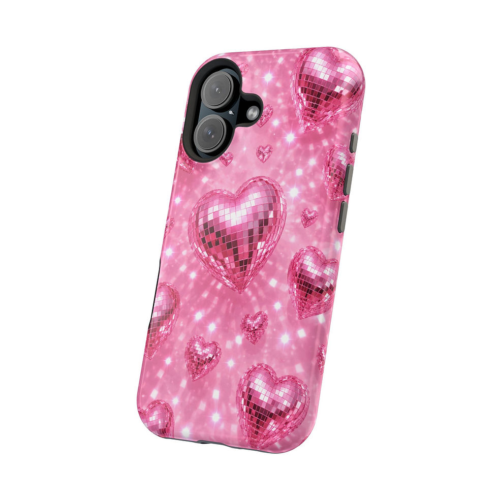 الصورة المصغرة: Pink Disco Hearts Glossy Magnetic Phone Case Angled View