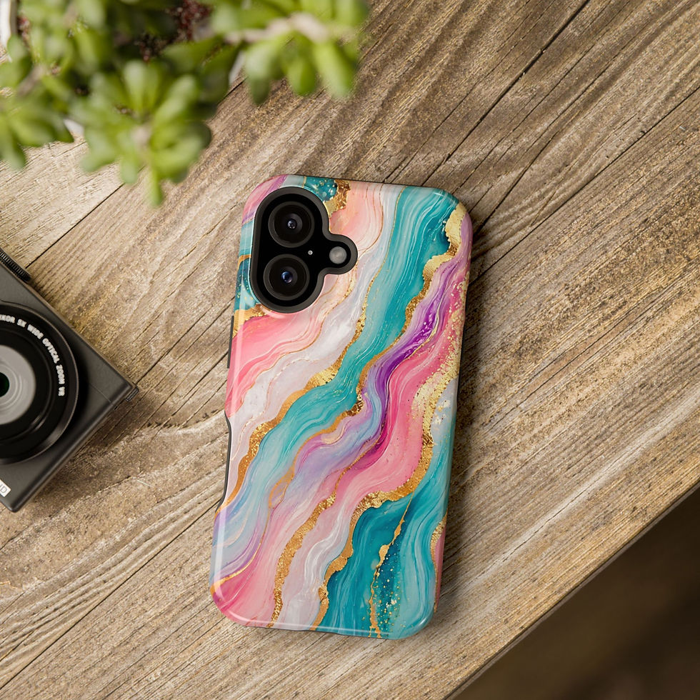 Pastel Marble Flow Glossy Magnetic Phone Case – Lifestyle Tabletop View