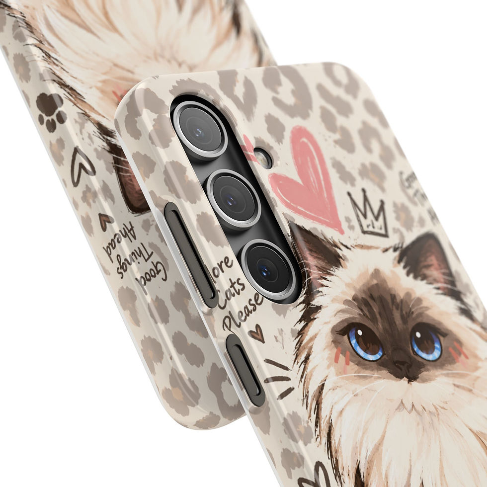 Миниатюра: Ragdoll Sweetheart Leopard Cat Slim Phone Case – angled Samsung front view with Ragdoll cat, paw prints and leopard pattern