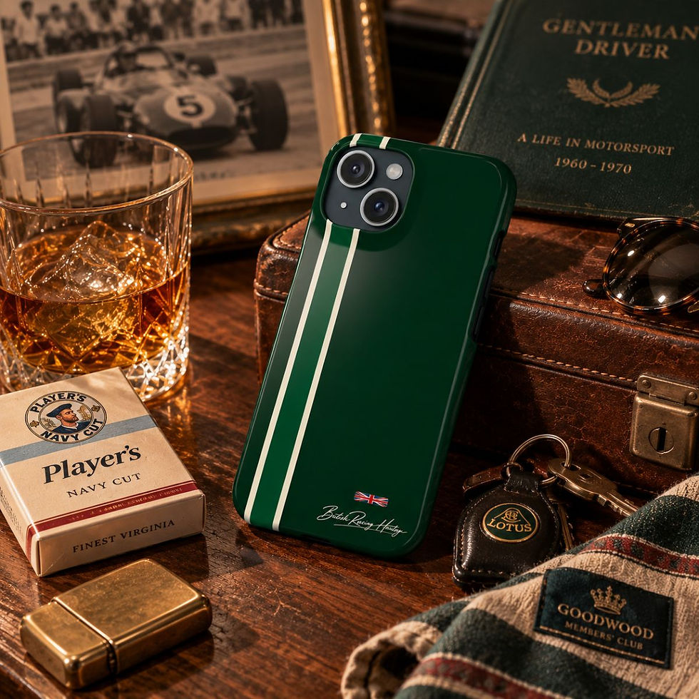 Thumbnail: British Racing Green Classic Stripe Racing Slim IPhone 15 Case – vintage 1960s British motorsport lifestyle setting