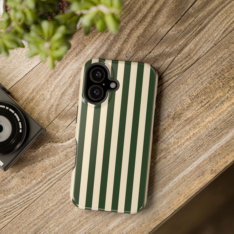 Forest Cream Stripe Glossy Magnetic Phone Case – Lifestyle Tabletop View