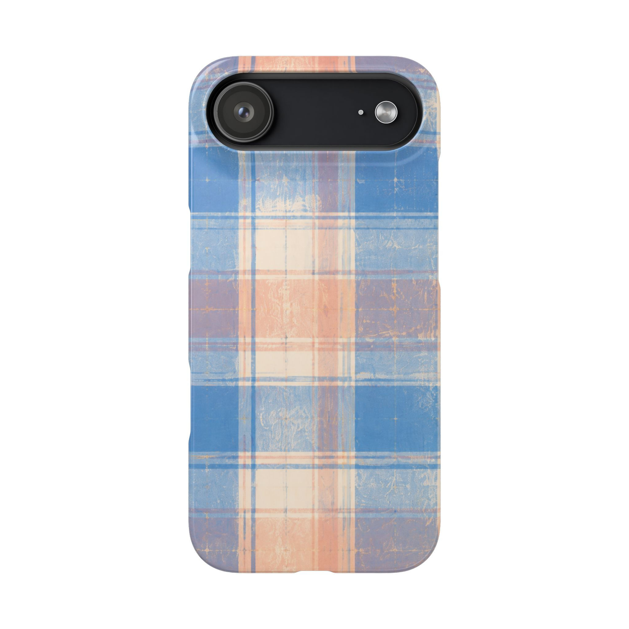 Bleu Côte d’Azur Vintage Plaid Slim iPhone Case – Front View with French blue peach and crème vintage plaid design