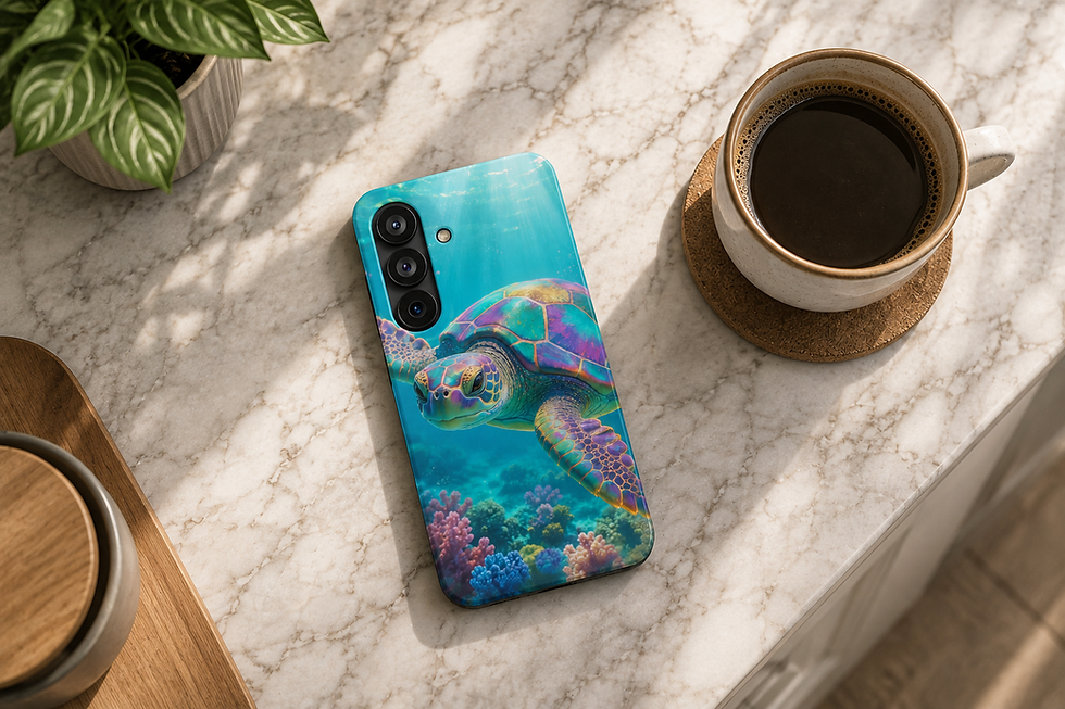 縮圖：Samsung S26 Sea Turtle Phone Case on Marble Countertop, Top-Down Lifestyle View