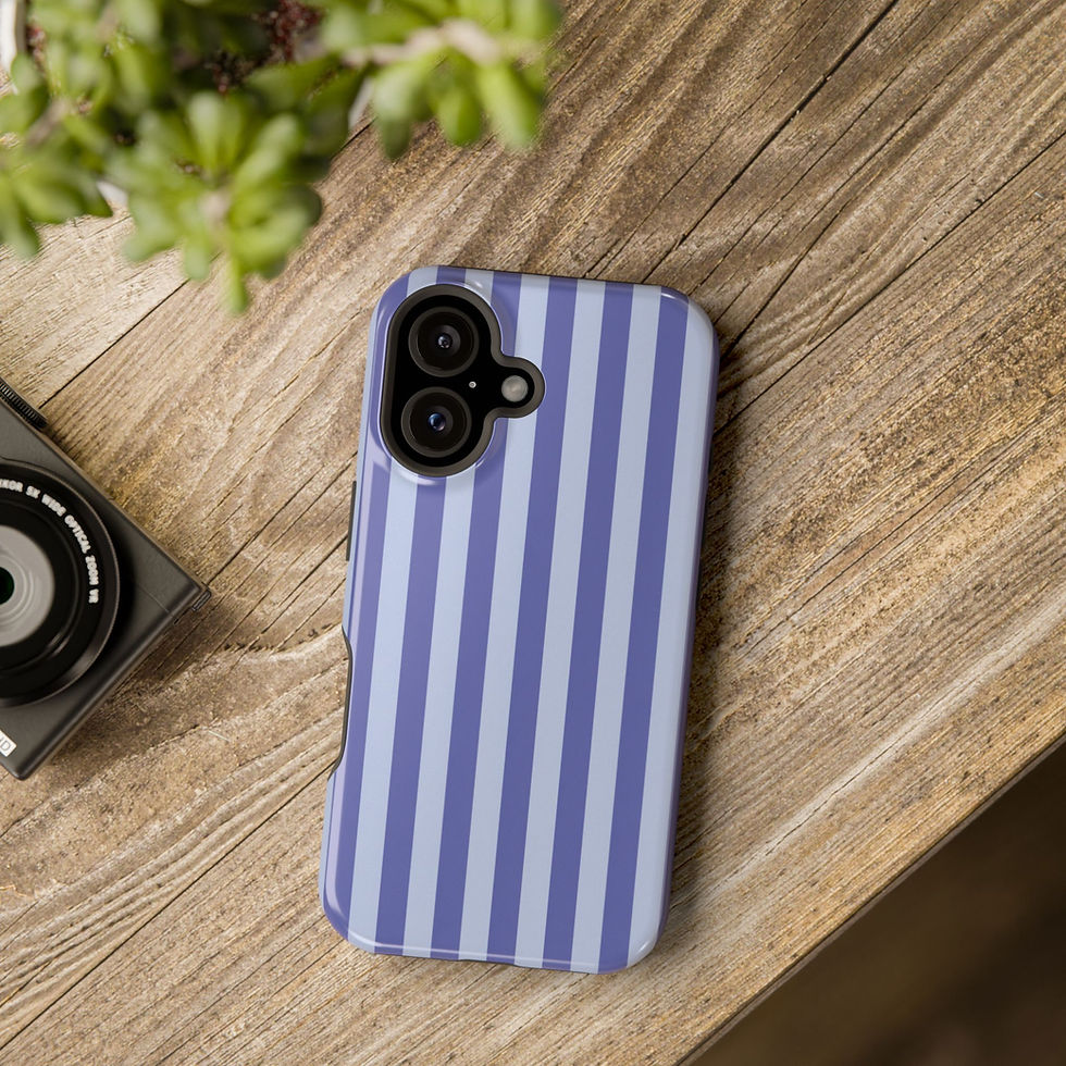 Periwinkle Blue Stripe Glossy Magnetic Phone Case – Lifestyle Tabletop View