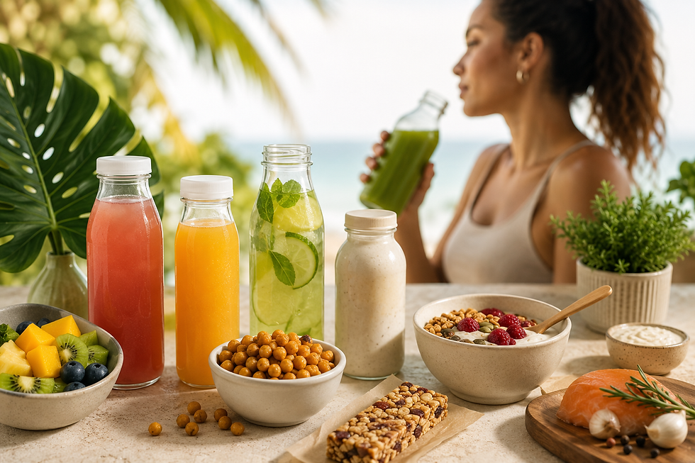 Mujer caribeña disfrutando de un batido verde mientras está rodeada de una selección de jugos frescos, frutas y opciones saludables de desayuno en un ambiente tropical.