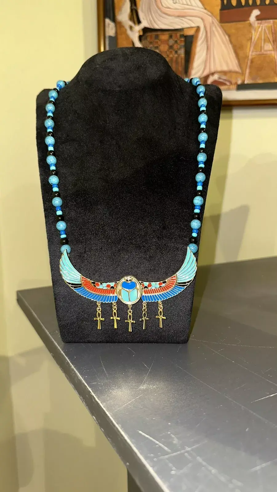 Egyptian Winged Scarab Necklace with Ankh Keys � Marble Bead Design