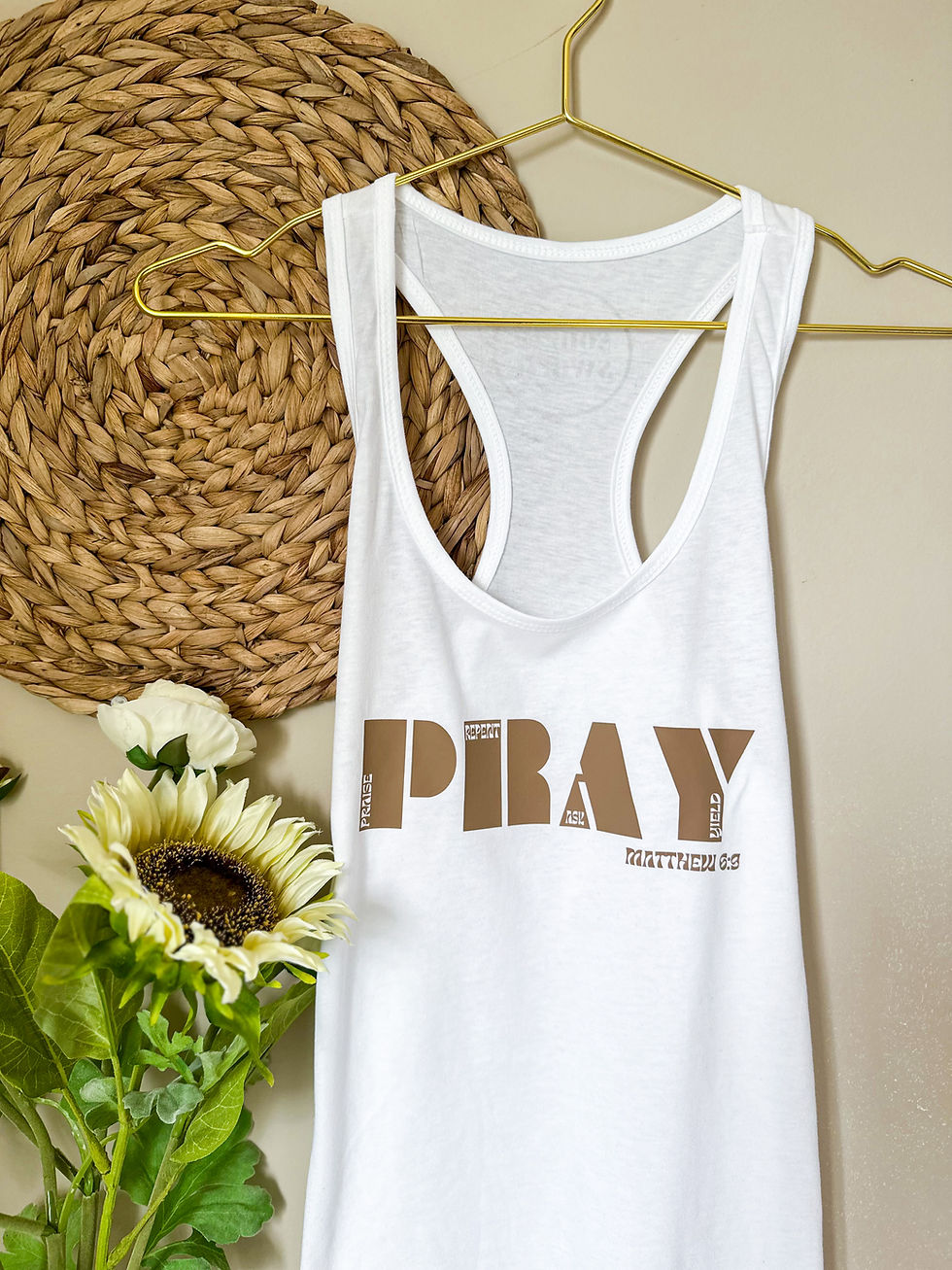 Thumbnail: PRAY White Racerback Tank – Praise. Repent. Ask. Yield.