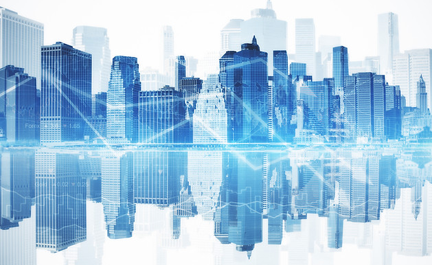 Abstract blue city with business chart arrows. Financial growth concept.jpg