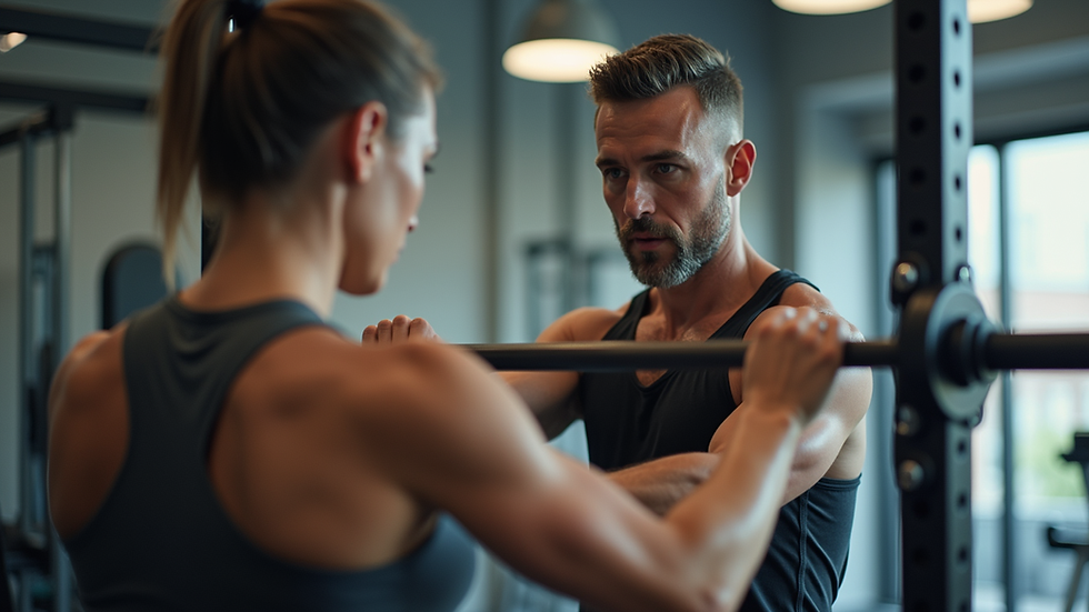 Eye-level view of a fitness coach guiding a client through a workout
