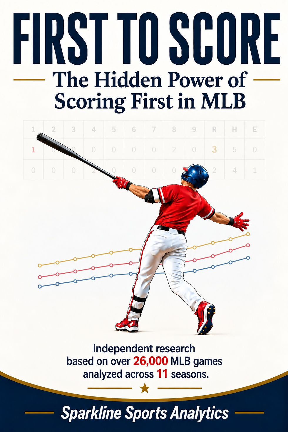 First to Score book cover featuring MLB Baseball Analytics research on the impact of scoring first