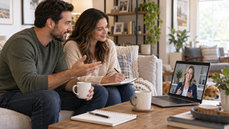 Intended parents having a virtual surrogacy consultation with an agency professional from home.
