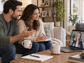 Intended parents having a virtual surrogacy consultation with an agency professional from home.