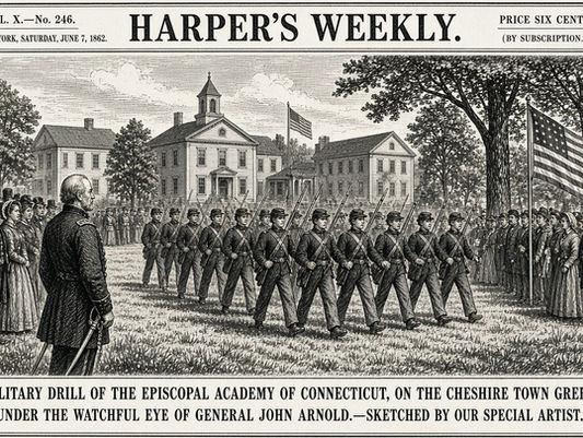 July morning in 1864 and the air still carries the sharp scent of gun oil mixed with cut grass and the faint sweetness of ripening orchards. The Episcopal Academy—today’s Cheshire Academy—has become a military school under the steady hand of the Reverend Sanford Jackson Horton. Sixty-five state-issued muskets with full accoutrements have arrived from Hartford, and General John Arnold is putting the scholars through their paces right where the granite war monument now stands. Townspeople gather along the edges of the green. Some cheer. Others watch in silence. These are not abstract recruits. These are the sons of local farmers and shopkeepers learning the drill that may soon carry them south.