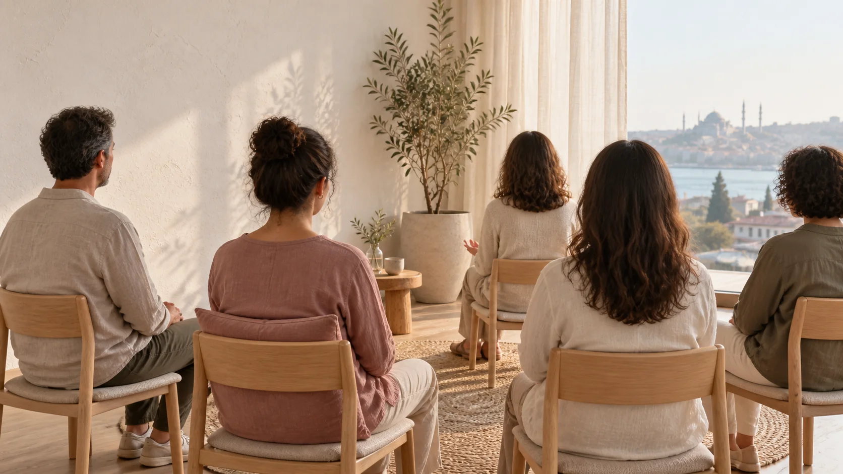 Sandalyelerde oturan küçük bir mindfulness grubu