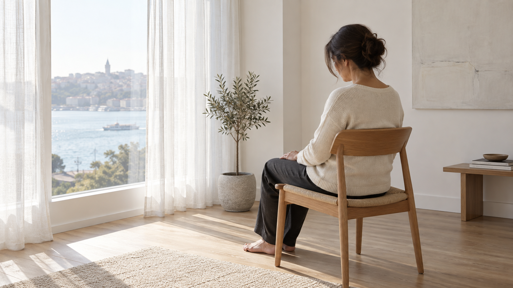 Sade odada bireysel meditasyon; yapay zekâ ile üretilmiş temsili görsel