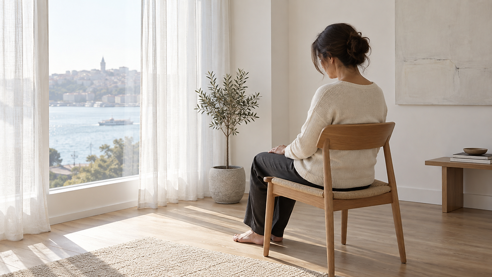 Aydınlık bir odada sandalyede oturarak sessizce pratik yapan yetişkin; temsili mindfulness sahnesi.