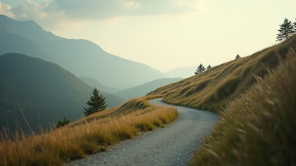 Eye-level view of a serene landscape with a winding path