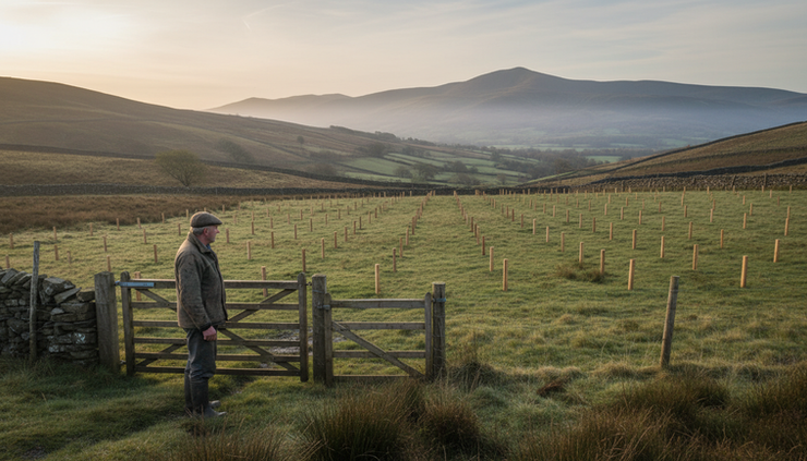 Wide-angle view of a farmer looking across a sloping field marked for new woodland planting.