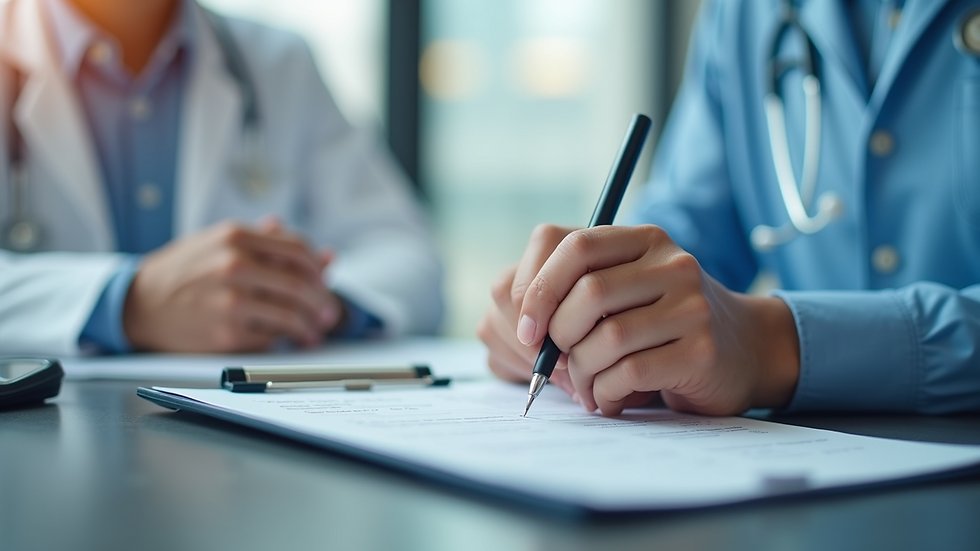 Close-up view of a doctor writing a prescription on a clipboard