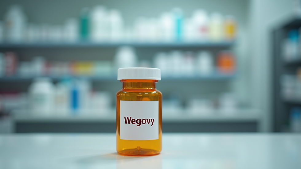 Close-up view of a medication bottle labeled Wegovy on a pharmacy counter