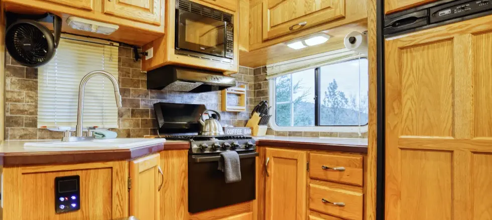 RV kitchen inside a rental RV in the southern Black HIlls.