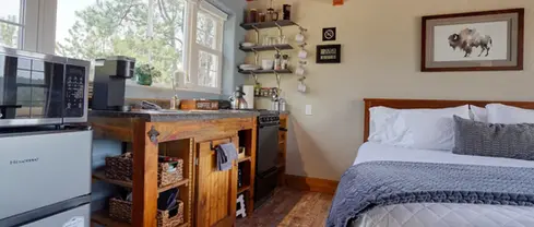 Cabin rental with full kitchen and art print of a watercolor buffalo.