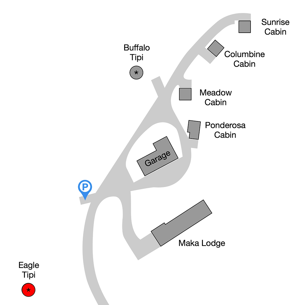 Map of Highland Meadows Resort in the Black Hills, South Dakota. Eagle teepee marked as well as cabins and the lodge.