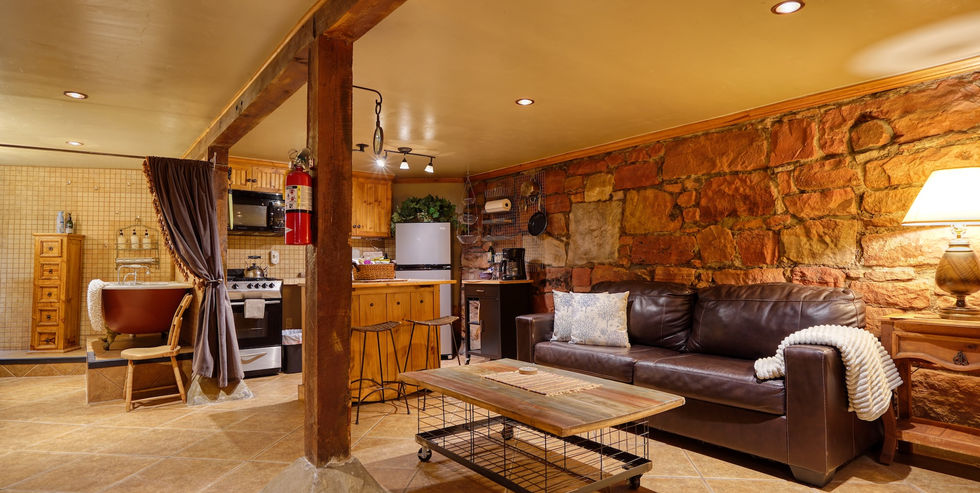 Studio apartment suite in the basement of the FlatIron - private bathroom, kitchen, couch.