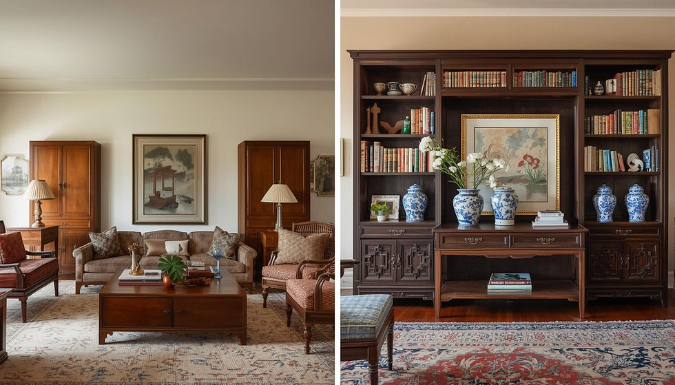 Side-by-side comparison of two Dubai interiors with Chinese antiques. Left side shows "Bought All at Once" with matching wood tones, uniform finishes, and coordinated pieces creating flat staged look. Right side shows "Evolved Over Time" with varied wood patinas, different periods of blue and white porcelain, mix of dark aged cabinets and lighter pieces, layered with books and art, demonstrating depth, contrast, and collector's story built through intentional acquisitions over months.