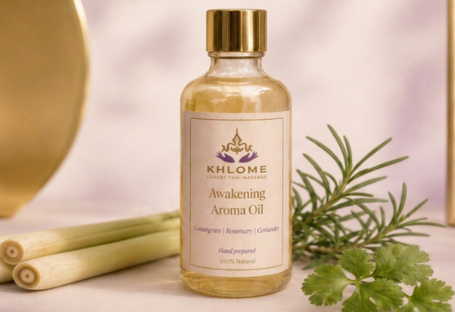 Awakening Aroma Massage Oil with lemongrass, menthol, grapefruit and geranium by Khlome Dubai