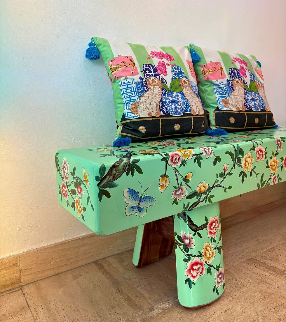 Turquoise Tibetan painted bench with floral motifs used as decorative furniture