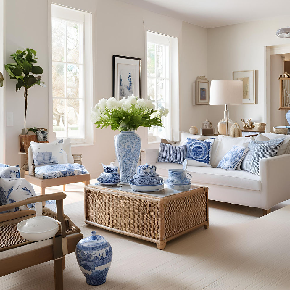 Light-filled neutral living room with cream sofas, woven coffee table, and blue-and-white porcelain vases and tea set arranged as decorative accents.
