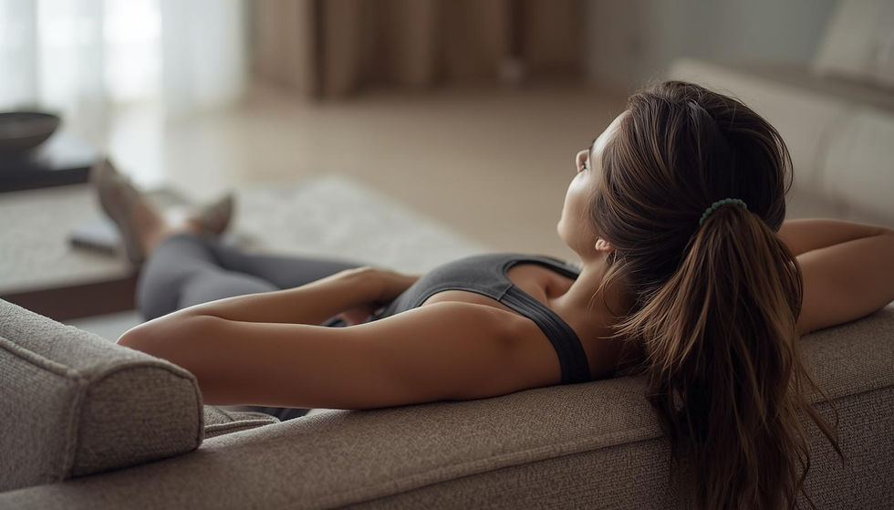Woman resting on a sofa experiencing body fatigue and muscle tension from physical activity and daily routine