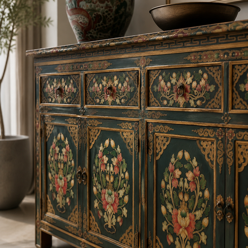 Detailed close-up of hand-painted floral motifs and gilded trim on a green Chinese cabinet, showing aged patina, carved details, and brass hardware.