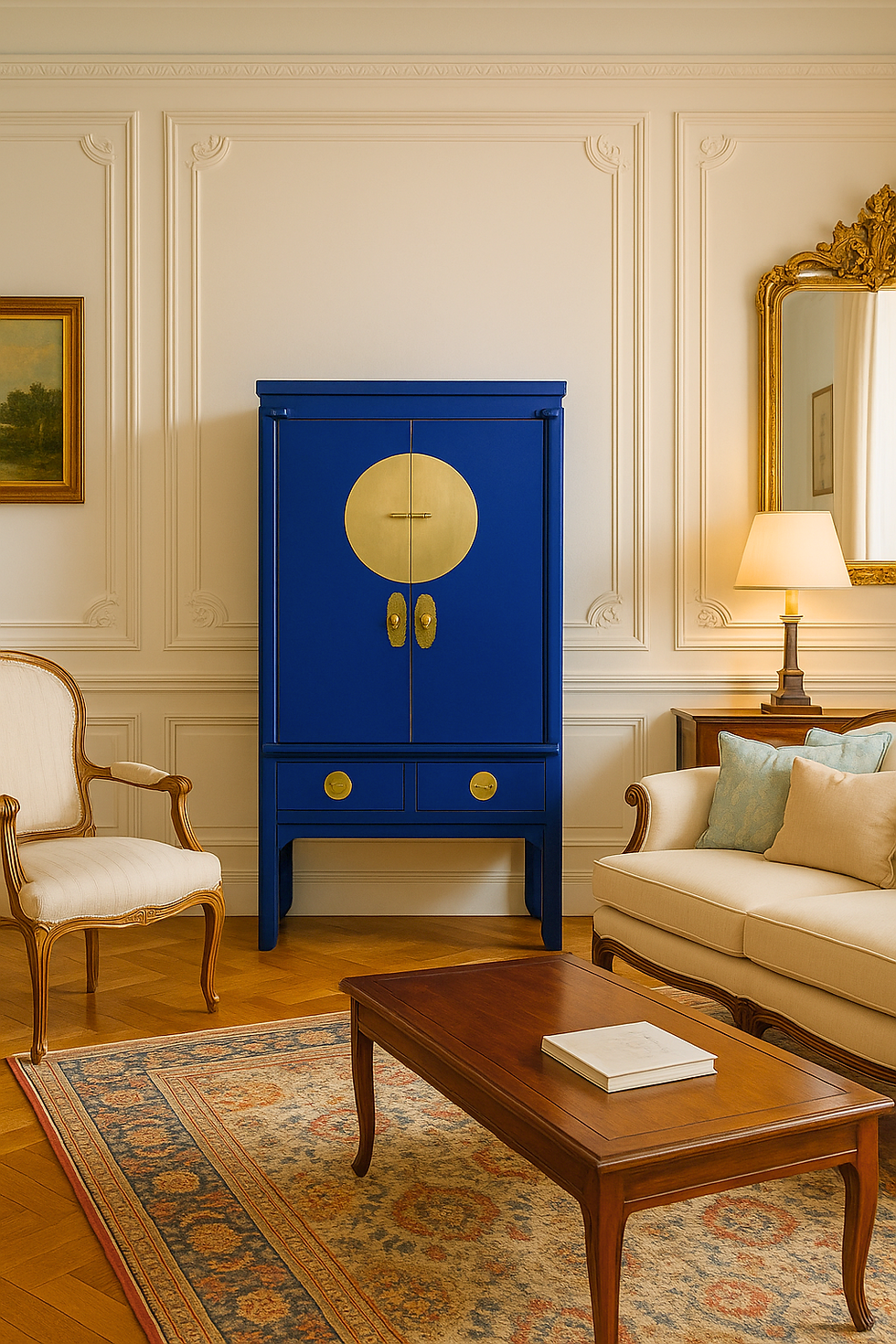 Blue Chinese wedding cabinet with round brass hardware positioned in a classic cream-toned living room with sofa and coffee table.
