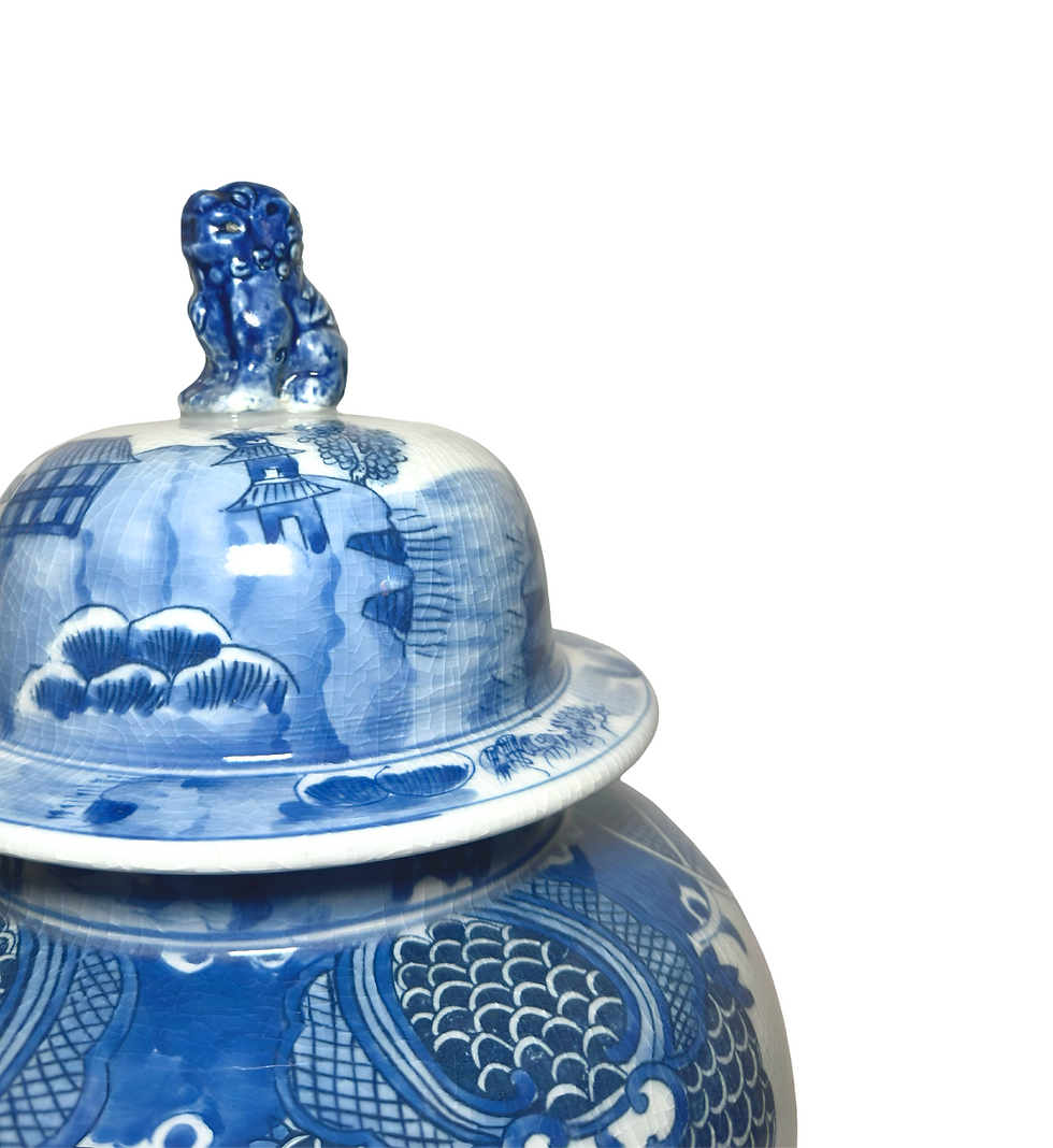 Thumbnail: Blue and White “Foo Dog Guardian” Temple Jar