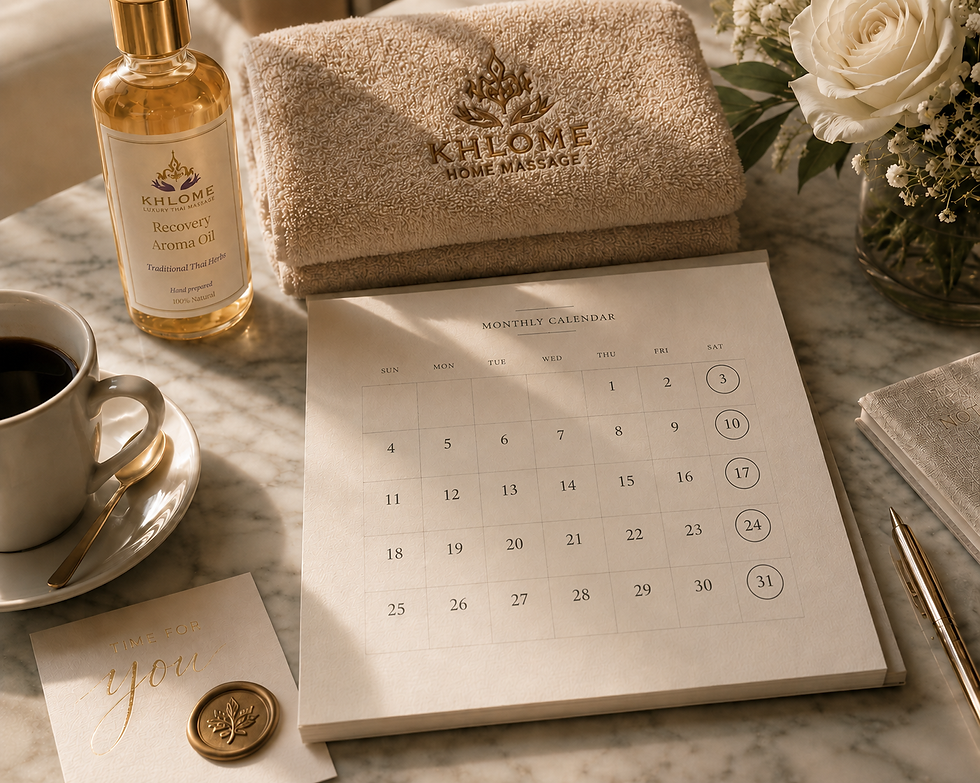 Luxury flat lay of a marble table with a monthly calendar, Khlome towel, recovery aroma oil, flowers, stationery, and coffee in warm natural light.