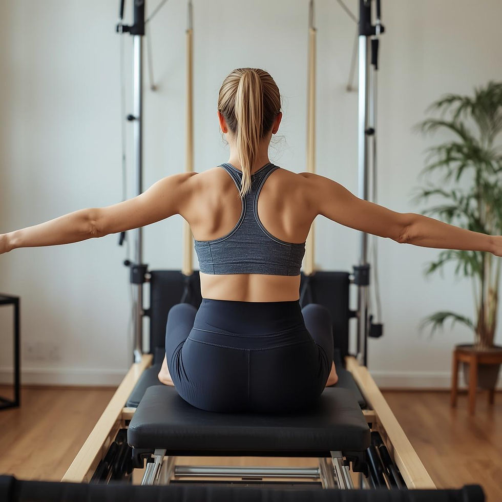Woman using Pilates reformer machine for strength and flexibility training