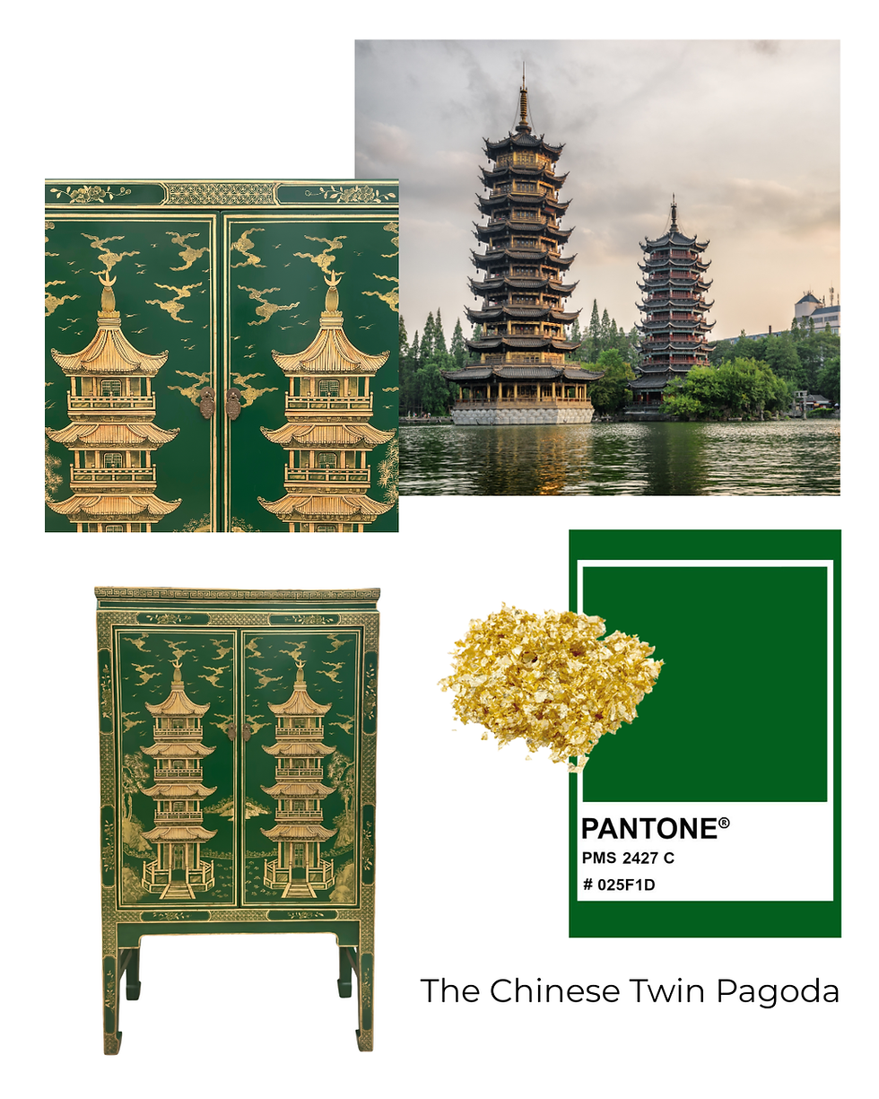 Green Chinese cabinet moodboard inspired by traditional pagoda architecture and antique furniture