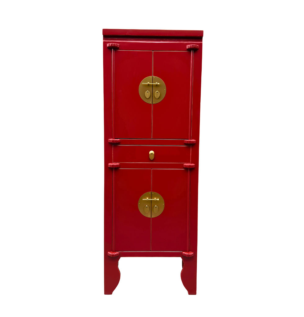 Hand-painted red tall cabinet with brass hardware and circular medallions
