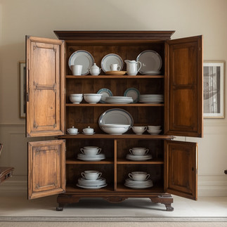 Chinese antique cabinet in Dubai villa dining room with doors open showing tableware storage demonst