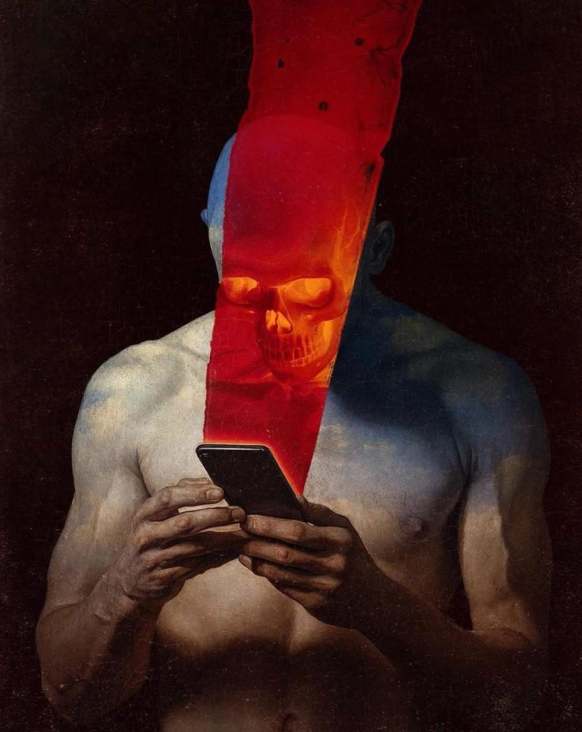 Luz da tela do celular fazendo com que o rosto de um homem torne-se uma caveira.