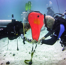  Buzos practican el izado de un objeto utilizando un globo elevador.