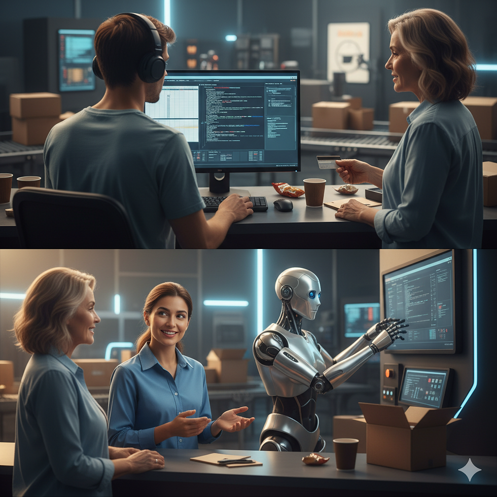 Human ignoring customer due to busyness and humans interacting while the robot does work.