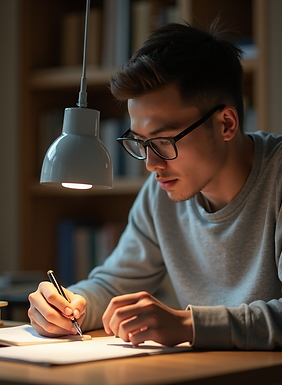 action shot student reviewing scientific article warm study lighting focused expression na