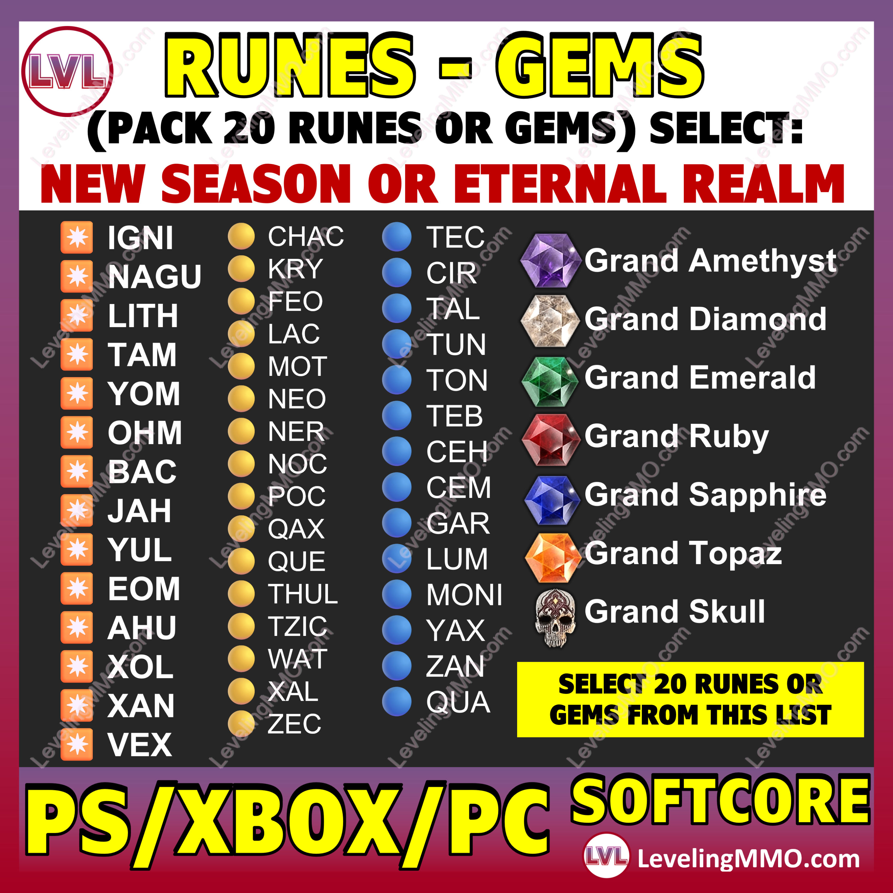 x20 Runes or Gems (select any)