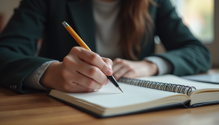 Plano medio de una persona escribiendo en un cuaderno, simbolizando la reflexión y el cambio