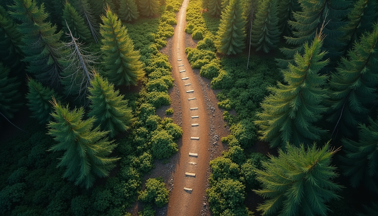 Vista aérea de un camino que se bifurca en un bosque, simbolizando la elección