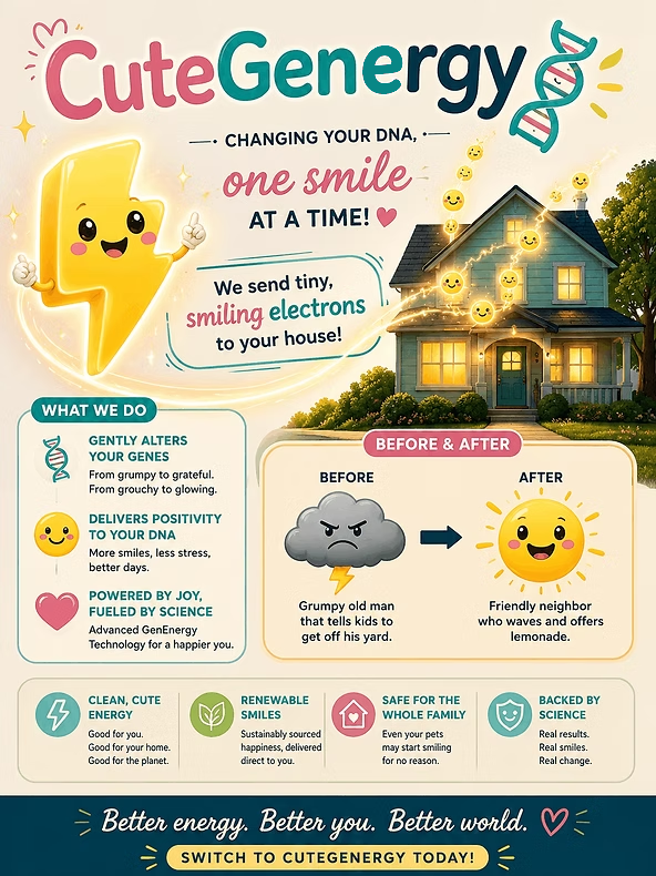 A Poster with CuteGenergy - A startup concept poster. Sending smiling electrons to change your DNA creating a positive disposition