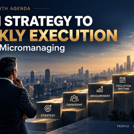 xecutive banner showing a CEO overlooking a city, with strategic steps from strategy to ownership, measurement, execution rhythm and smart intervention leading to sustainable growth.
